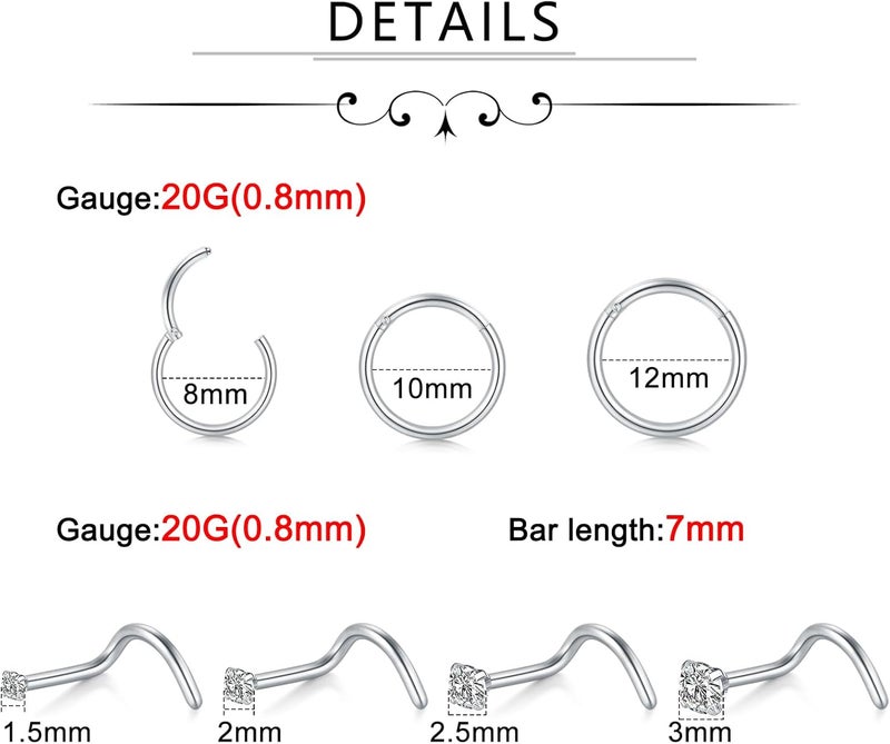 Incaton 20G Stainless Steel Nose Rings for Women Nose Rings Hoops L Shaped Nose Studs Screw Nose Piercing Jewelry for Women Men Silver Rose Gold Black Rainbow - Image 2